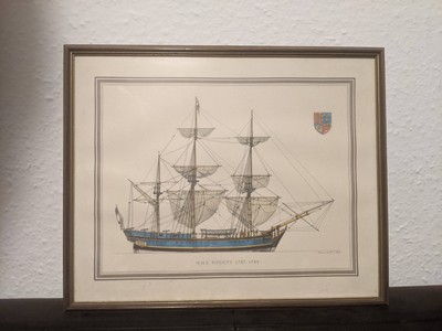 H.M.S Bounty, Hans A. Muth Lithographie, Druck, Schiff Bild gerahmt, alt