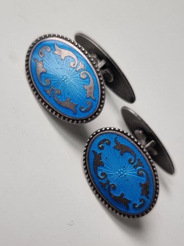Vintage UdSSR 916 Silber Emaille Manschettenknöpfe | Sowjetisch Blau Guilloche Jude
