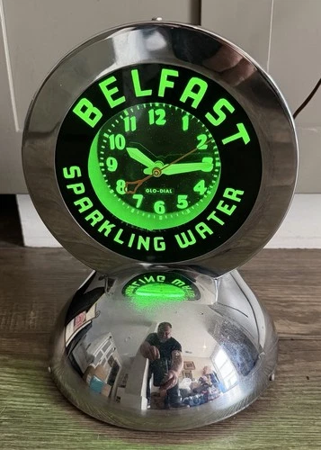 Vintage Art Deco Belfast Sparkling Water Glo Dial Green Neon Counter Clock Sign