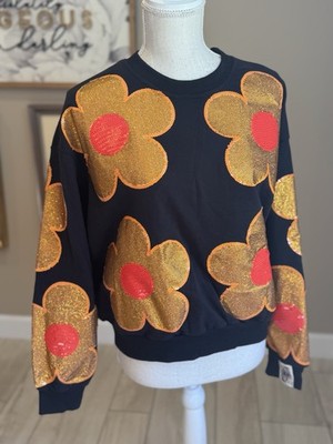 New! QUEEN OF SPARKLES Black and Orange Rhinestone Sequin Floral Sweatshirt XS/S