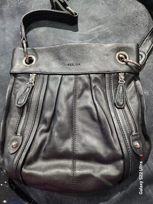 Vintage Beautiful Perlina NY Black Genuine Leather Crossbody Shoulder Bag 