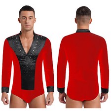 DE iEFiEL Herren Body Langarm Glitzer Latein Hemd V-Auschnitt Jazz Tango Leotard