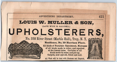 1873 Louis W. Muller & Son Upholsterers Troy, NY Engraved Print Ad &C