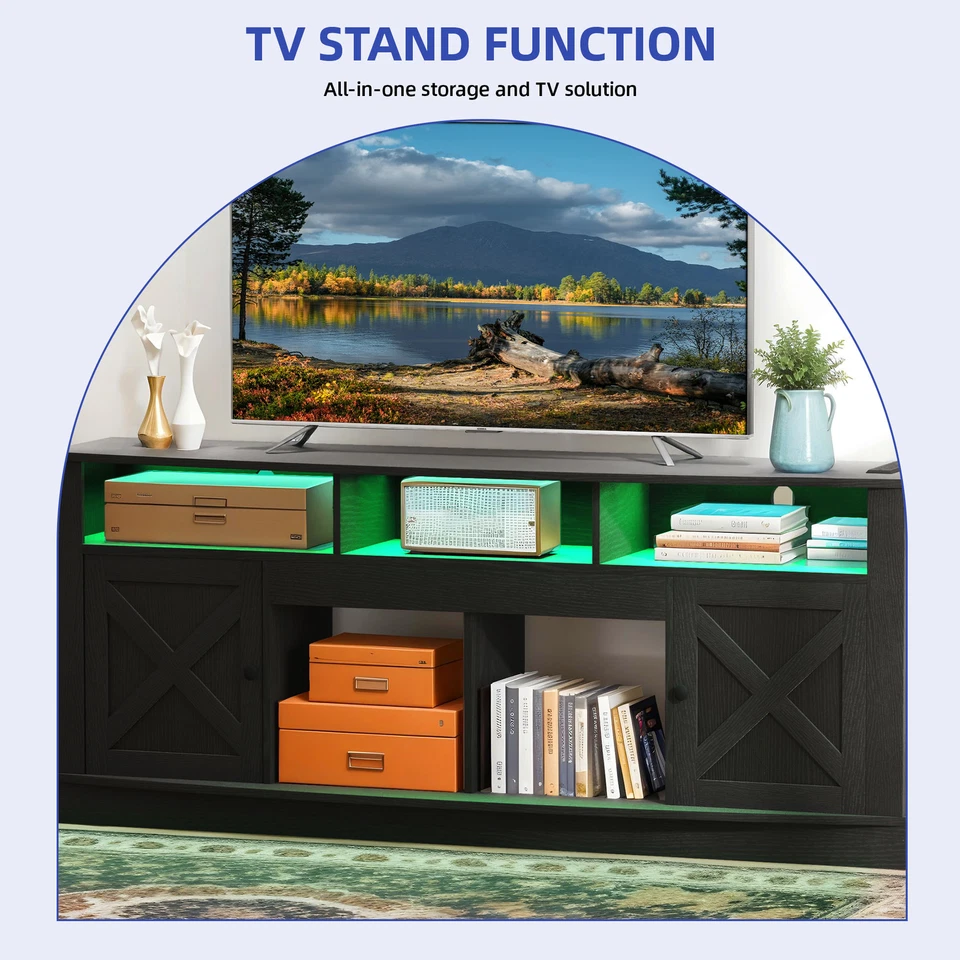 Soporte de TV negro con estantes abiertos tomas de corriente LED para consola de televisores de 50 a 80 pulgadas Foto 2 de 4