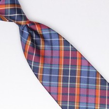 John G Hardy Mens Silk Necktie Blue Red Gold Green Tartan Plaid Check Weave Tie