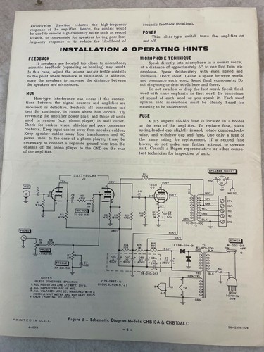 Vintage Rare Bogen Model CHBA/LC PA Amplifier Installation & Operating Manual - Picture 2 of 2