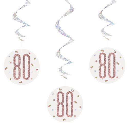 Sparkling Fizz White & Rose Gold 80th Birthday Hanging Spiral Party Decorations
