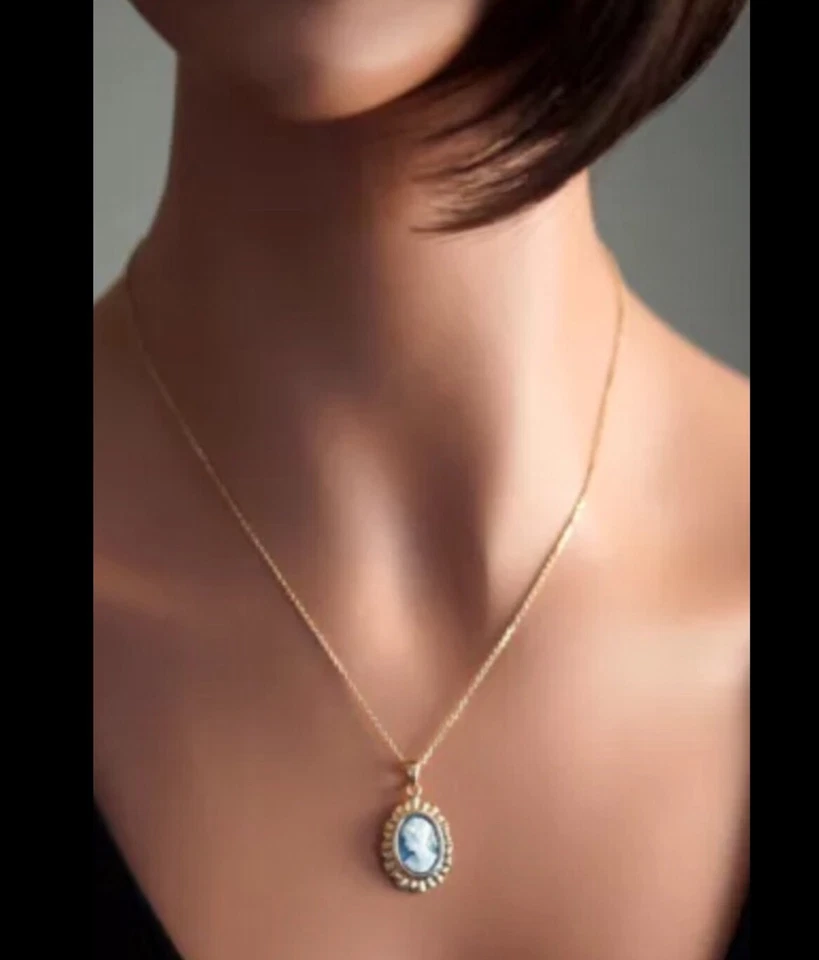 Pendentif Camée Bleu En Plaqué Or 18 Carats 750/1000 Bijoux Femme - Photo 2/4