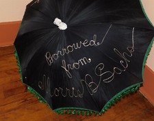 Vtg Parasol Umbrella Black and Green Fringe Borrowed from Morris B Sachs Chicago