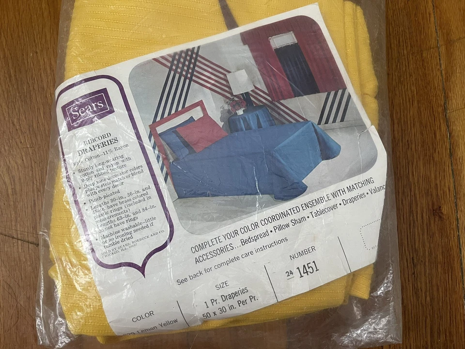 VTG MCM Sears RIBCORD Pinch Pleat Drapes Curtains Pair 50”x30” Lemon Yellow NEW - Image 2 of 4