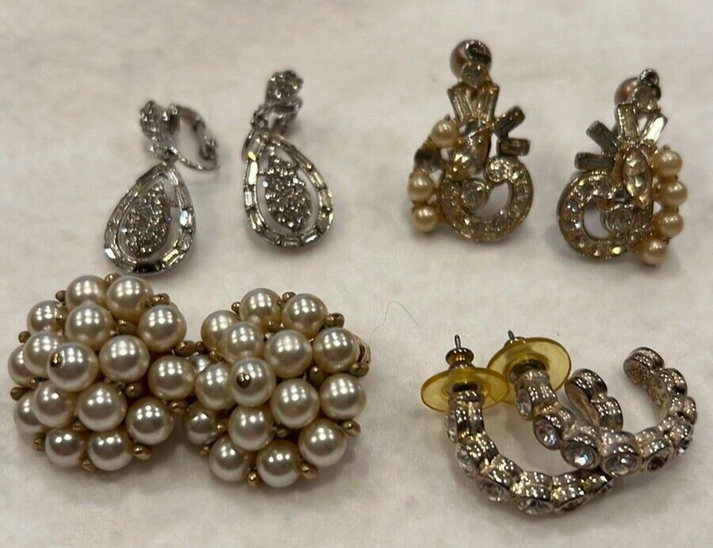 Vintage Earrings Faux Diamond & Pearl Lot of 4 Pairs