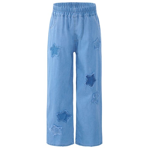 Kids Girls Trousers Hip Hop Jeans Outdoor Denim Pants Star Patches Flared Jeans - Picture 16 of 25