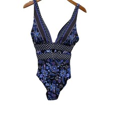 Swimsuits For All Women's Plus Size Plunge One Piece Swimsuit Blue floral sz 8