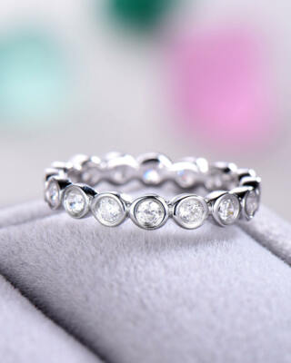 2Ct Round Cut Simulated Diamond Bezel Set Eternity Band 14K White Gold ...
