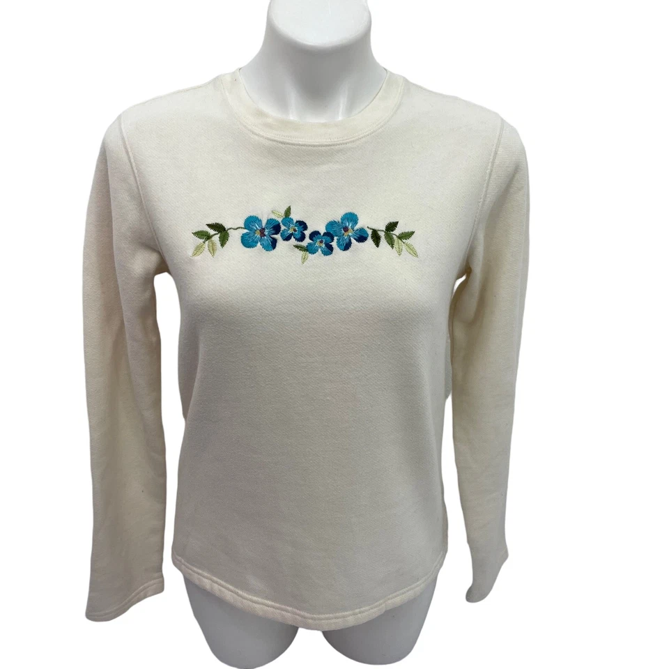 Basic Editions Sweatshirt Womens Small Floral Embroidery Cream Blue Grandmacore - Image 2 of 4