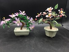 Chinese Jade Bonsai Pink And Lilac Glass Tree in Celadon Pot Pair of 2