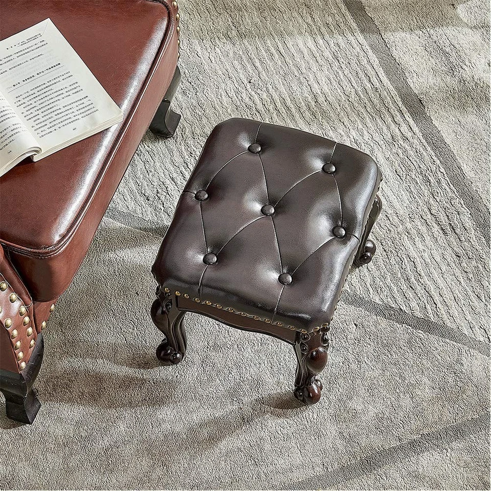 Small Footstool Brown Leather Ottoman,Vintage Carved Upholstered Footrest, Ru... - Image 2 of 4
