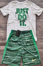 NEW Nike Boys YLG Green/White/Yellow Basketball Print Dri-Fit Shorts Set Large