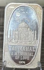 VINTAGE 1974 USSC .999 FINE SILVER ART BAR - TAJ MAHAL  A MEMORIAL OF LOVE