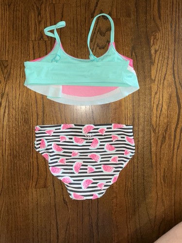 Watermelon Print 2-Piece Swimsuit for Kids Size 8 Pink Aqua Black/white Stripes - Picture 2 of 9