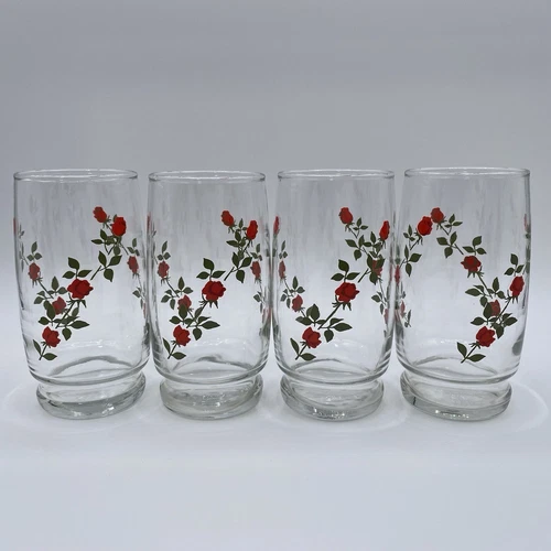VTG Anchor Hocking Red Rose Vine Mid Century Set of 4 Tumblers  6”