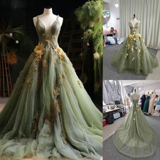 Vintage Forest Fariy Green Wedding Dresses with 3D Flowers Tulle Bridal Gowns