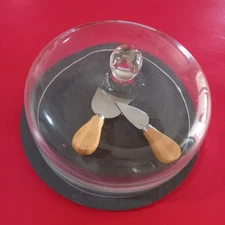 Slate Cheese Board with Glass Dome + 2 Wooden-Handled Knives