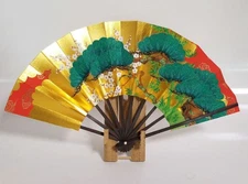 Japanese Decorative Folding Fan Pine Bamboo Plum with Display Stand Sensu