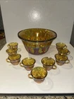 VTG Indiana Glass Harvest Grape Amber Gold Iridescent 12" Punch Bowl Set 9 Cups