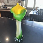 VTG MURANO GREEN YELLOW JACK IN THE PULPIT CALLA LILY ART GLASS FLOWER VASE 11 "