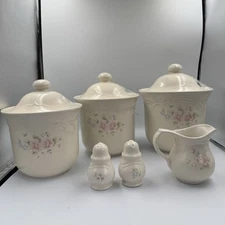 VTG Pfaltzgraff Tea Rose Canister Jar 3 Pc Set w Lids USA Pink Roses Blue Floral