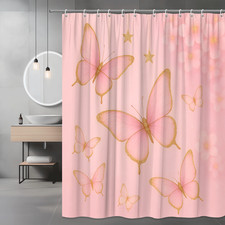 Pink Butterfly Shower Curtain with Gold Accents for Kids Room Decor
