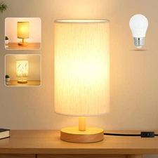 Small Bedside Table Lamp with LED Bulb Wood Base Linen Shade Plug-In