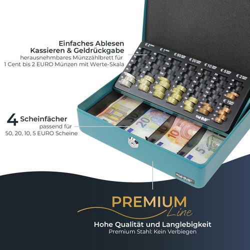 10015-24 Geldkassette abschließbar mit Münzzählbrett | 30 x 24 x 9 cm | Petrol - Bild 2 von 9