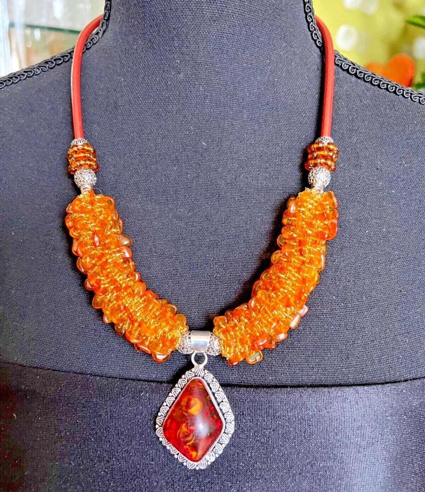 Collar declaración especial grande ámbar # 925 colgante de plata de ley hecho a mano