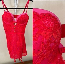Nwt 88 Victoria's Secret 34C beaded Red pink Sheer Mesh Lace Garter Lingerie