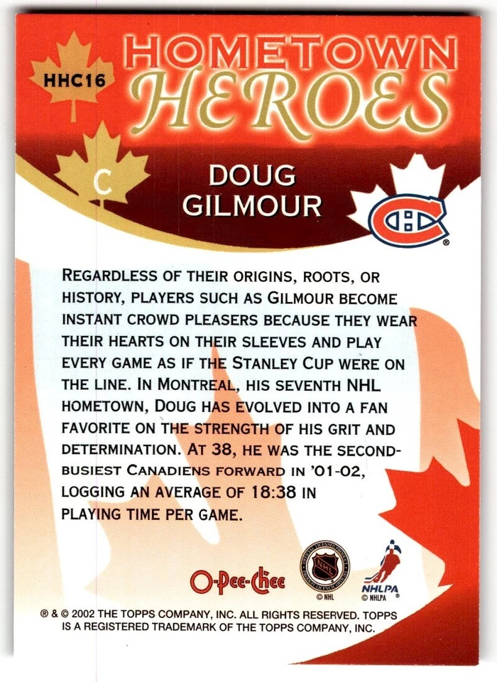2002-03 O-Pee-Chee Hometown Heroes Canada Doug Gilmour #HHC16 Montreal Canadiens - Image 2 of 2