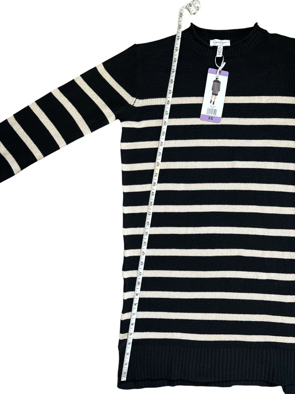 OFF WHITE Abito maglione maglia a righe Jessica Simpson bianco e nero XS lunghezza ginocchio nuovo con etichette