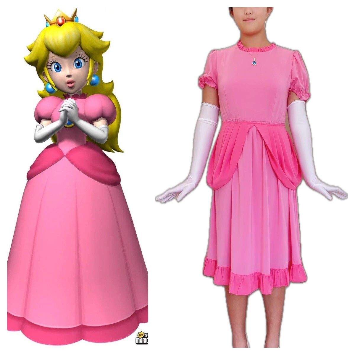 princess peach womens dress Adult princess peach cosplay dress women's pink ruffle hem midi dress Size  L