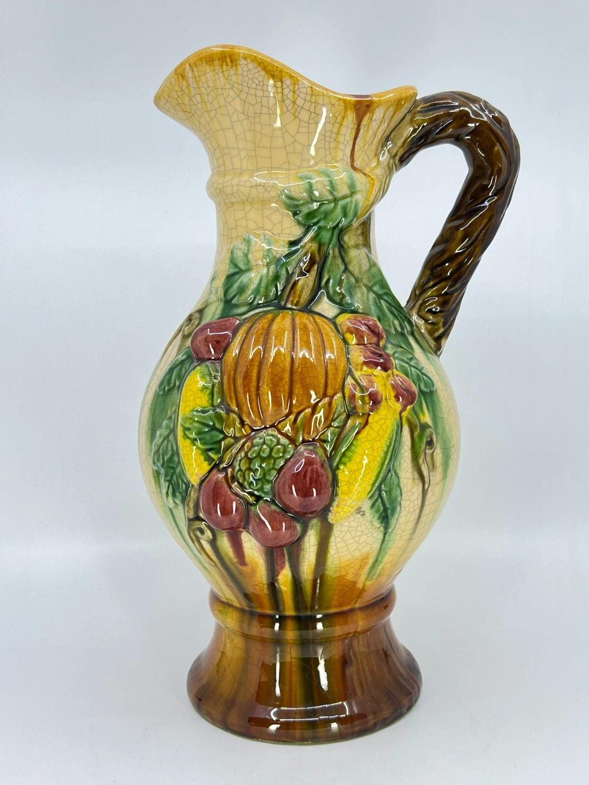 Vintage BARBOTINE Majolica Large Ceramic Vase Pitcher Applied Fruit 13" MCM