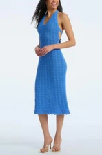 525 America CROCHET HALTER MAXI Pool Blue DRESS Sz L NWT$179 Knitwear brand