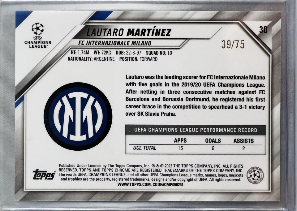 Lautaro Martinez 2021-22 Topps Chrome UEFA UCL Blue Gold Starball #/75 SP Inter - Image 2 of 2