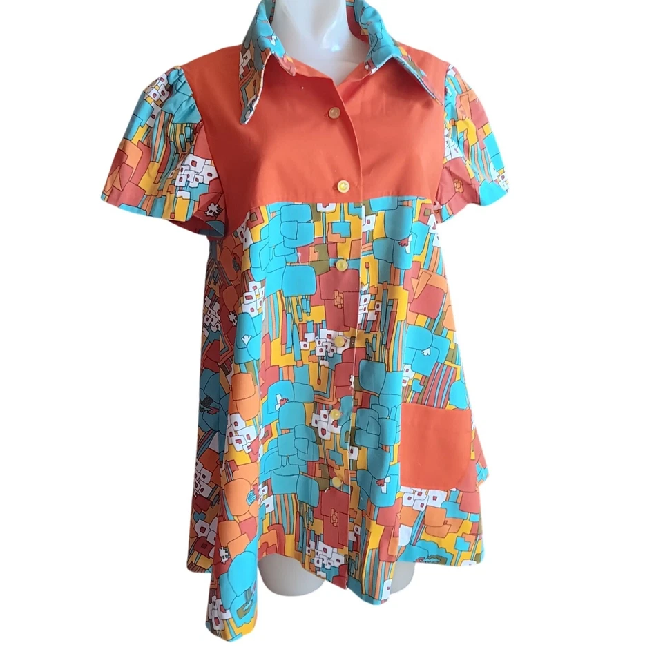 M/L 1OF1 Vintage 1960's Max Abstract Print Frock Top Dress Dayglo Orange Mod - Image 2 of 4
