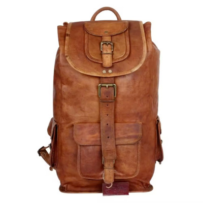 20'' Spacious Rucksack Vintage Goat Leather Backpack Real Genuine Unisex Bag