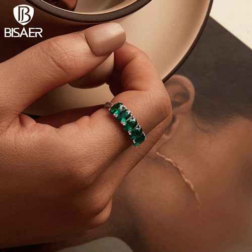 Bisaer 925 Sterling Silver Luxurious Green Wedding Rings For Women Gifts Jewelry - Picture 2 of 15