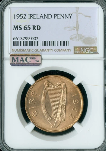 1952 IRELAND ONE PENNY NGC MS65 RD  2ND FINEST GRADE MAC SPOTLESS RARE  *