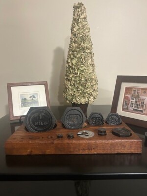 Vintage  Hexagonal Iron & Brass Scale Weights /GREAT DECORATERS PIECE SEE PIC!