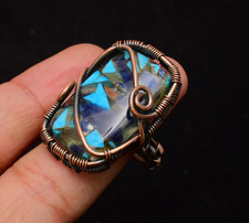 Copper Sodalite Gemstone Copper Wire Wrapped Handmade Jewelry Ring Size 9