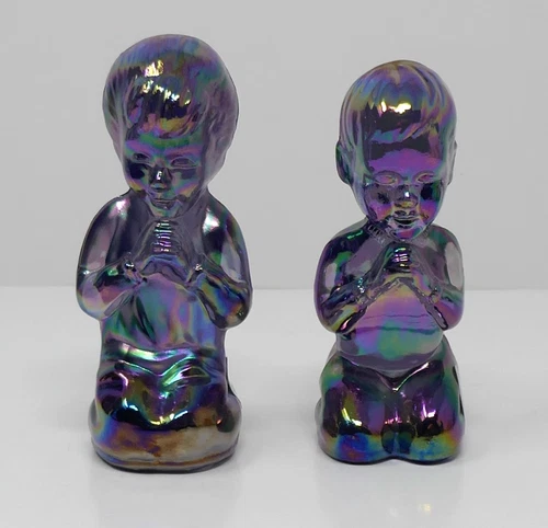 Fenton Amethyst Rainbow Purple Carnival Art Glass Praying Boy & Girl Made In USA