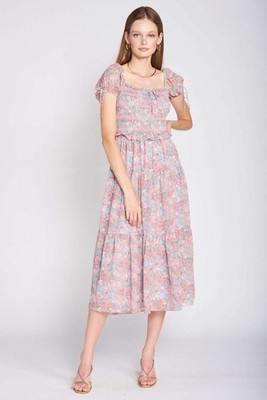 En Saison Adelina Pink Floral Smocked Women's Midi Dress